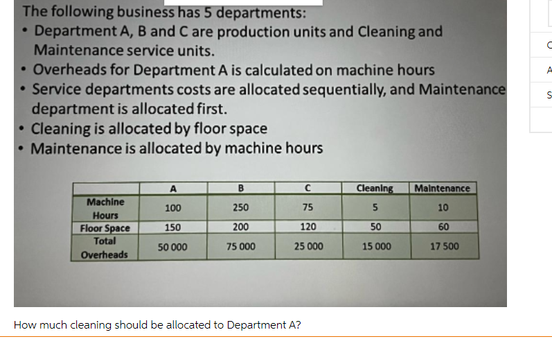 The following business has 5 departments:
Department A, B and C are production units and Cleaning and
Maintenance service units.
• Overheads for Department A is calculated on machine hours
• Service departments costs are allocated sequentially, and Maintenance
department is allocated first.
Cleaning is allocated by floor space
• Maintenance is allocated by machine hours
A
A
Cleaning
Malntenance
Machine
100
250
75
5
10
Hours
Floor Space
200
50
60
150
120
Total
50 000
75 000
25 000
15 000
17 500
Overheads
How much cleaning should be allocated to Department A?
