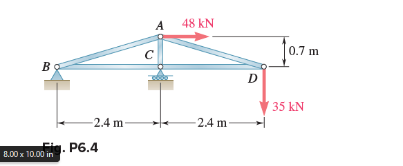 Bo
-2.4 m-
8.00 x 10.00 in P6.4
с
A
48 KN
-2.4 m
D
0.7 m
35 kN