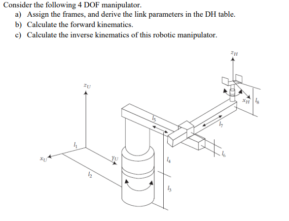 Consider the following 4 DOF manipulator.
a) Assign the frames, and derive the link parameters in the DH table.
b) Calculate the forward kinematics.
c) Calculate the inverse kinematics of this robotic manipulator.
ZU
XH
4
YU
