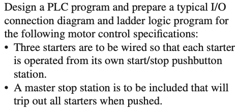 Design a PLC program and prepare a typical I/O
connection diagram and ladder logic program for
the following motor control specifications:
• Three starters are to be wired so that each starter
is operated from its own start/stop pushbutton
station.
• A master stop station is to be included that will
trip out all starters when pushed.
