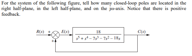 For the system of the following figure, tell how many closed-loop poles are located in the
right half-plane, in the left half-plane, and on the jo-axis. Notice that there is positive
feedback.
C(s)
R(s) +
E(s)
18
55 +84-78²-78²-18s
