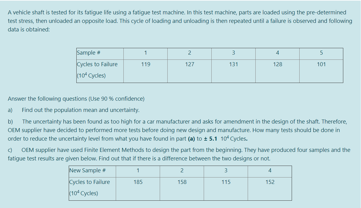 A vehicle shaft is tested for its fatigue life using a fatigue test machine. In this test machine, parts are loaded using the pre-determined
test stress, then unloaded an opposite load. This cycle of loading and unloading is then repeated until a failure is observed and following
data is obtained:
Sample #
1
3
4
Cycles to Failure
119
127
131
128
101
(104 Cycles)
Answer the following questions (Use 90 % confidence)
a)
Find out the population mean and uncertainty.
b)
The uncertainty has been found as too high for a car manufacturer and asks for amendment in the design of the shaft. Therefore,
OEM supplier have decided to performed more tests before doing new design and manufacture. How many tests should be done in
order to reduce the uncertainty level from what you have found in part (a) to ± 5.1 104 Cycles.
c)
OEM supplier have used Finite Element Methods to design the part from the beginning. They have produced four samples and the
fatigue test results are given below. Find out that if there is a difference between the two designs or not.
New Sample #
1
2
3
4
Cycles to Failure
185
158
115
152
(104 Cycles)
