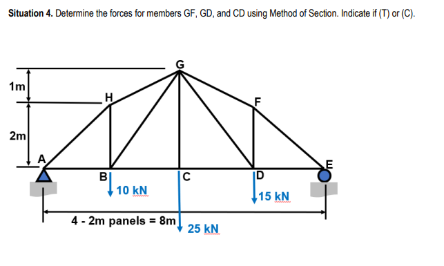 Situation 4. Determine the forces for members GF, GD, and CD using Method of Section. Indicate if (T) or (C).
1m
2m
A
H
BI
10 kN
4- 2m panels = 8m
C
25 kN
ID
,15 kN