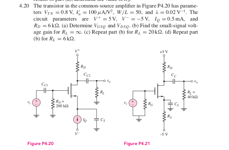 4.20 The transistor in the common-source amplifier in Figure P4.20 has parame-
ters VTN = 0.8 V, k, = 100 µA/V², w/L = 50, and A = 0.02 V-1. The
circuit parameters are V+ = 5 V, V-= -5 V, lo =0.5 mA, and
Rp = 6 k2. (a) Determine VgsQ and VpsQ. (b) Find the small-signal volt-
age gain for R1 =∞. (c) Repeat part (b) for R1 = 20KS2. (d) Repeat part
(b) for RL = 6 kS.
+5 V
Rp
RD
Cc
Cc2
R =
40 k2
RL
RG
Rg=
200 k2
Cs
-5 V
V-
Figure P4.21
Figure P4.20
ww
wwo
