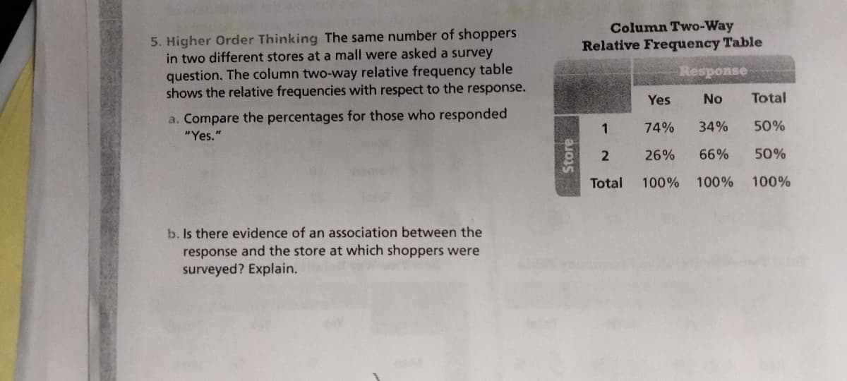 5. Higher Order Thinking The same number of shoppers
in two different stores at a mall were asked a survey
question. The column two-way relative frequency table
shows the relative frequencies with respect to the response.
a. Compare the percentages for those who responded
"Yes."
b. Is there evidence of an association between the
response and the store at which shoppers were
surveyed? Explain.
Store
Column Two-Way
Relative Frequency Table
1
2
Total
Response
No Total
50%
50%
100%
Yes
74% 34%
26% 66%
100%
100%