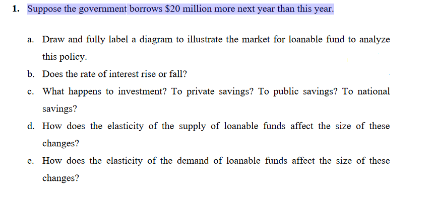 1. Suppose the government borrows $20 million more next year than this year.
a. Draw and fully label a diagram to illustrate the market for loanable fund to analyze
this policy.
b. Does the rate of interest rise or fall?
c. What happens to investment? To private savings? To public savings? To national
savings?
d. How does the elasticity of the supply of loanable funds affect the size of these
changes?
e. How does the elasticity of the demand of loanable funds affect the size of these
changes?
