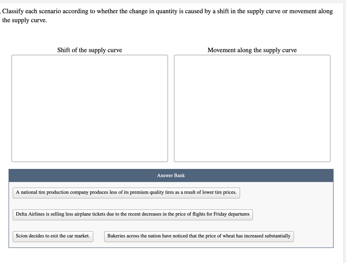 Classify each scenario according to whether the change in quantity is caused by a shift in the supply curve or movement along
the supply curve.
Shift of the supply curve
Answer Bank
Movement along the supply curve
A national tire production company produces less of its premium quality tires as a result of lower tire prices.
Scion decides to exit the car market.
Delta Airlines is selling less airplane tickets due to the recent decreases in the price of flights for Friday departures
Bakeries across the nation have noticed that the price of wheat has increased substantially