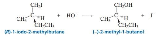 CH2I
CH-OН
"Н
+ НО
CH
Г
CH,
CH,CH,
(-)-2-methyl-1-butanol
CH,CH3
(R)-1-iodo-2-methylbutane
