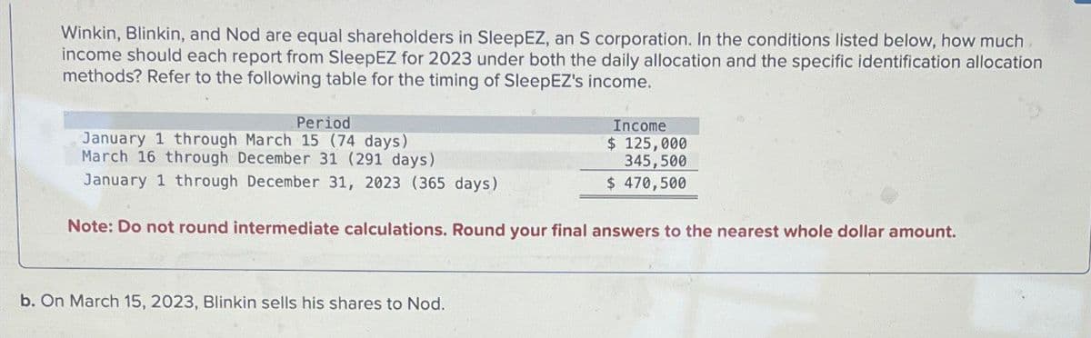 Winkin, Blinkin, and Nod are equal shareholders in SleepEZ, an S corporation. In the conditions listed below, how much
income should each report from SleepEZ for 2023 under both the daily allocation and the specific identification allocation
methods? Refer to the following table for the timing of SleepEZ's income.
Period
January 1 through March 15 (74 days)
March 16 through December 31 (291 days)
January 1 through December 31, 2023 (365 days)
Income
$ 125,000
345,500
$ 470,500
Note: Do not round intermediate calculations. Round your final answers to the nearest whole dollar amount.
b. On March 15, 2023, Blinkin sells his shares to Nod.