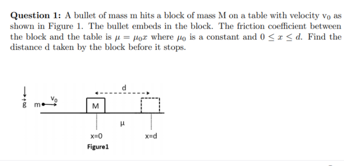 Question 1: A bullet of mass m hits a block of mass M on a table with velocity vo as
shown in Figure 1. The bullet embeds in the block. The friction coefficient between
the block and the table is µ = µox where µo is a constant and 0 <a < d. Find the
distance d taken by the block before it stops.
d
M
x=0
x=d
Figure1
