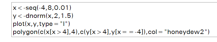 x<-seq(-4,8,0.01)
y<-dnorm(x,2,1.5)
plot(x,y,type = "1")
polygon(c(x[x>4],4),c(y[x>4],y[x = =-
== -4]), col= "honeydew2")