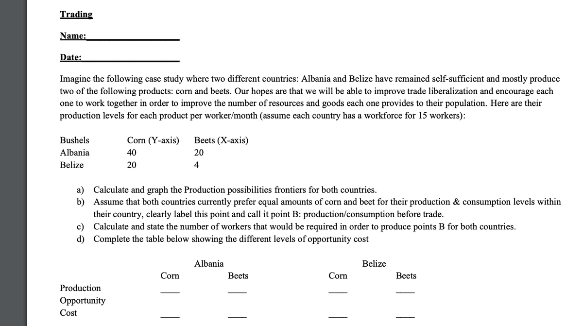 Trading
Name:
Date:
Imagine the following case study where two different countries: Albania and Belize have remained self-sufficient and mostly produce
two of the following products: corn and beets. Our hopes are that we will be able to improve trade liberalization and encourage each
one to work together in order to improve the number of resources and goods each one provides to their population. Here are their
production levels for each product per worker/month (assume each country has a workforce for 15 workers):
Bushels
Corn (Y-аxis)
Вets (X-аxis)
Albania
40
20
Belize
20
4
a) Calculate and graph the Production possibilities frontiers for both countries.
b) Assume that both countries currently prefer equal amounts of corn and beet for their production & consumption levels within
their country, clearly label this point and call it point B: production/consumption before trade.
c)
Calculate and state the number of workers that would be required in order to produce points B for both countries.
d) Complete the table below showing the different levels of opportunity cost
Albania
Belize
Corn
Вets
Corn
Вets
Production
Opportunity
Cost
