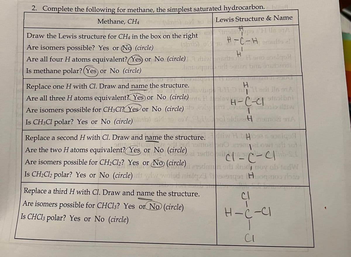 2. Complete the following for methane, the simplest saturated hydrocarbon. bliud
Methane, CH4
Lewis Structure & Name
Draw the Lewis structure for CH4 in the box on the right
(sbris)
ls STA
H-C-Hartadts al
Are isomers possible? Yes or No (circle)
Are all four H atoms equivalent? Yes) or No (circle) diwpnsdio o H orro soslqa
Is methane polar? (Yes) or No (circle)
Replace one H with Cl. Draw and name the structure.
Are all three H atoms equivalent? Yes or No (circle)ots Holevi
H-C-CI
stsoibni
Are isomers possible for CH3CI?(Yes or No (circle) 9 lg sebrio itw
Is CH3CI polar? Yes or No (circle)a) 10 20Y Ooleldize oA
Replace a second H with Cl. Draw and name the structure. iw H
ow
ori hot
Are the two H atoms equivalent? Yes or No (circle)
ai 19rtloorlt
Are isomers possible for CH2CI2? Yes or No (circle)
e19dmn ob drih noy ob 1edW
Is CH2Cl2 polar? Yes or No (circle) r ydw wolsd risiqxl
Replace a third H with Cl. Draw and name the structure.
Cl
Are isomers possible for CHCI3? Yes or No (circle)
Is CHCI3 polar? Yes or No (circle)
CI

