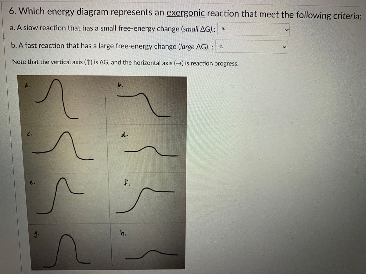 6. Which energy diagram represents an exergonic reaction that meet the following criteria:
a. A slow reaction that has a small free-energy change (small AG).: a.
b. A fast reaction that has a large free-energy change (large AG). : e.
Note that the vertical axis (1) is AG, and the horizontal axis (→) is reaction progress.
A.
レ
C.
d.
e.
J.
h.
