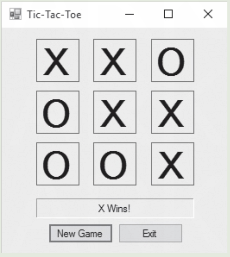 Tic-Tac-Toe
X X 0
0 0 X
X Wins!
New Game
Exit
