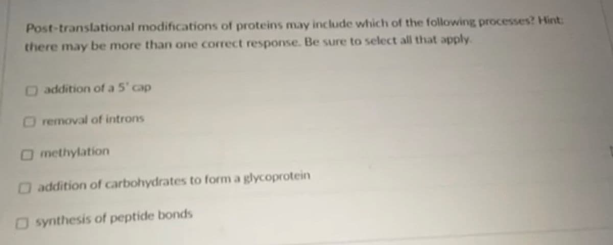 Post-translational modifications of proteins may include which of the following processes? Hint:
there may be more than one correct response. Be sure to select all that apply.
Oaddition of a 5' cap
O removal of introns
Omethylation
Oaddition of carbohydrates to form a glycoprotein
O synthesis of peptide bonds
