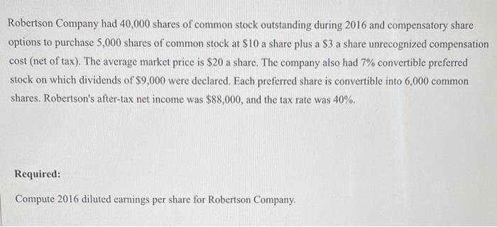 Robertson Company had 40,000 shares of common stock outstanding during 2016 and compensatory share
options to purchase 5,000 shares of common stock at $10 a share plus a $3 a share unrecognized compensation
cost (net of tax). The average market price is $20 a share. The company also had 7% convertible preferred
stock on which dividends of $9,000 were declared. Each preferred share is convertible into 6,000 common
shares. Robertson's after-tax net income was $88,000, and the tax rate was 40%.
Required:
Compute 2016 diluted earnings per share for Robertson Company.