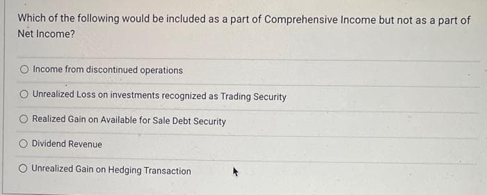 Which of the following would be included as a part of Comprehensive Income but not as a part of
Net Income?
O Income from discontinued operations
Unrealized Loss on investments recognized as Trading Security
Realized Gain on Available for Sale Debt Security
Dividend Revenue:
O Unrealized Gain on Hedging Transaction.
