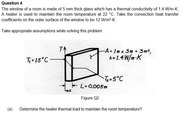 Question 4
The window of a room is made of 5 mm thick glass which has a thermal conductivity of 1.4 W/m-K.
A heater is used to maintain the room temperature at 22 °C. Take the convection heat transfer
coefficients on the outer surface of the window to be 12 W/m²-K.
Take appropriate assumptions while solving this problem.
(a)
T₁=15°C
TA
-A- 1m x 3m = 3m²,
k=1.4W/m-K
-T₂=5°C
L=0.005m
Figure Q2
Determine the heater thermal load to maintain the room temperature?