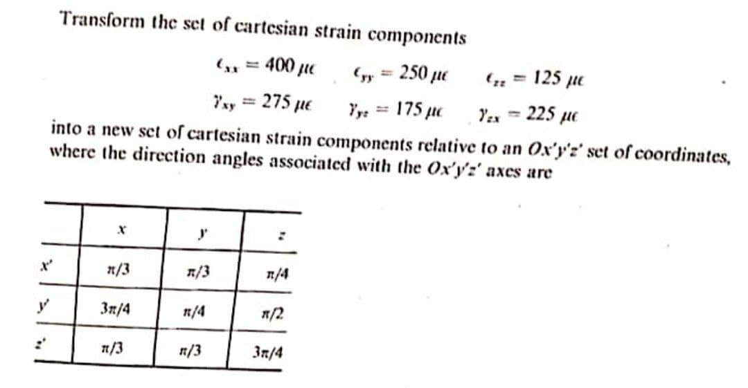 Transform the set of cartesian strain components
, = 400 ue
(yy = 250 ue
125 ue
%3D
%3D
Yay = 275 µe
%3D
Yy: = 175 µe
Yes = 225 µe
into a new set of cartesian strain components relative to an Ox'y'z' set of coordinates,
where the direction angles associated with the Ox'y':' axes are
n/3
R/3
1/4
3n/4
1/4
n/2
n/3
n/3
In/4
