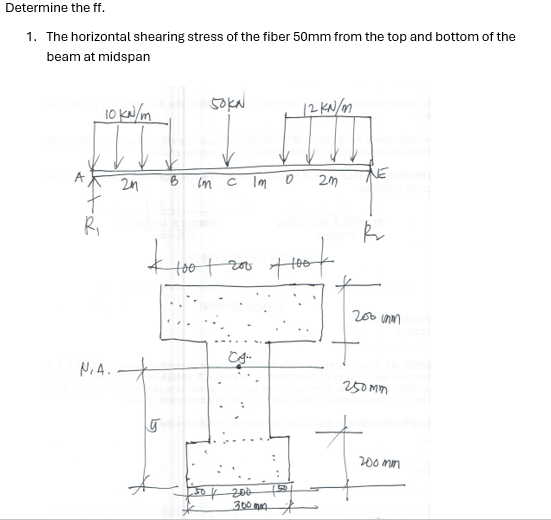 Determine the ff.
1. The horizontal shearing stress of the fiber 50mm from the top and bottom of the
beam at midspan
A
10 kN/m
50KN
12 KN/m
24
B
In c Im
D
2m
R₁
+1007
100 | 200 + 100
N.A.
15
पु
R
2001am
CA
250mm
of 200
300 mm
200mm
