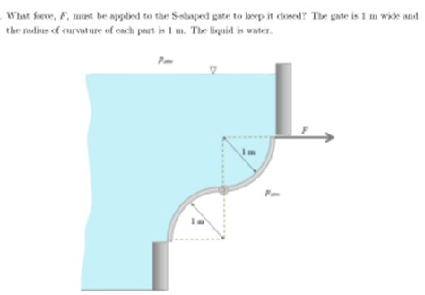 What force, F, must be applied to the S-shaped gate to keep it closed? The gate is 1 m wide and
the radius of curvature of each part is 1 m. The liquid is water.
Pm
Im
P