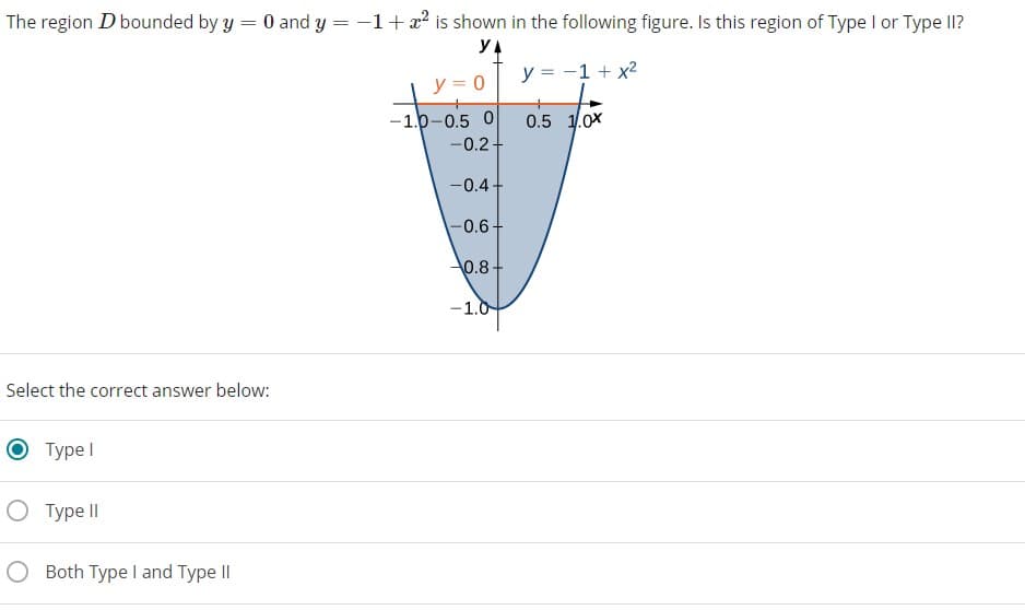 The region D bounded by y = 0 and y = -1+x? is shown in the following figure. Is this region of Type I or Type II?
YA
y = -1 + x2
y = 0
-1.0-0.5 0
-0.2+
0.5 1.0x
-0.4+
-0.6+
0.8
-1.0
Select the correct answer below:
Турe l
O Type II
Both Type I and Type II
