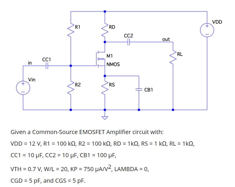 VDD
R1
RD
CC2
out
RL
M1
CC1
in
NMOS
Vin
R2
RS
CB1
Given a Common-Source EMOSFET Amplifier circuit with:
VDD = 12 V, R1 = 100 kQ, R2 = 100 kQ, RD = 1kQ, RS = 1 kN, RL = 1kN,
CC1 = 10 µF, CC2 = 10 µF, CB1 = 100 µF,
VTH = 0.7 V, W/L = 20, KP = 750 µA/V2, LAMBDA = 0,
CGD = 5 pF, and CGS = 5 pF.
