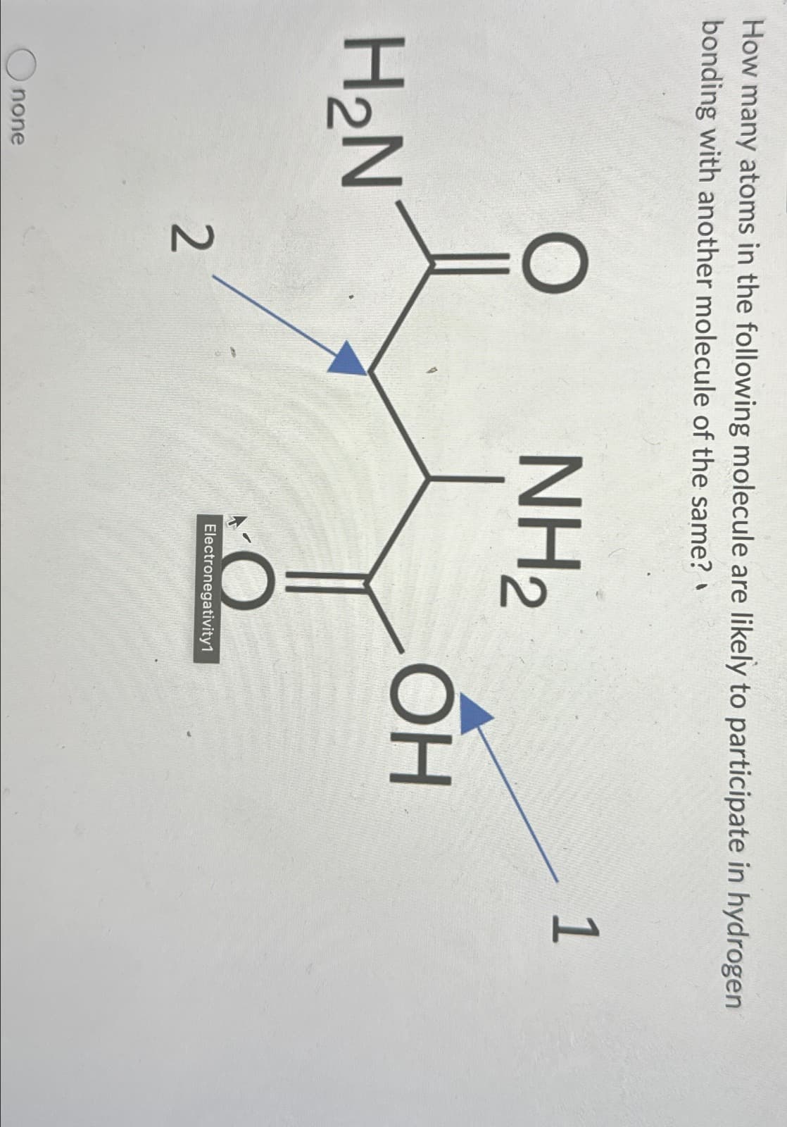 How many atoms in the following molecule are likely to participate in hydrogen
bonding with another molecule of the same?
H₂N
none
O
NH2
OH
1
p=
2
Electronegativity1