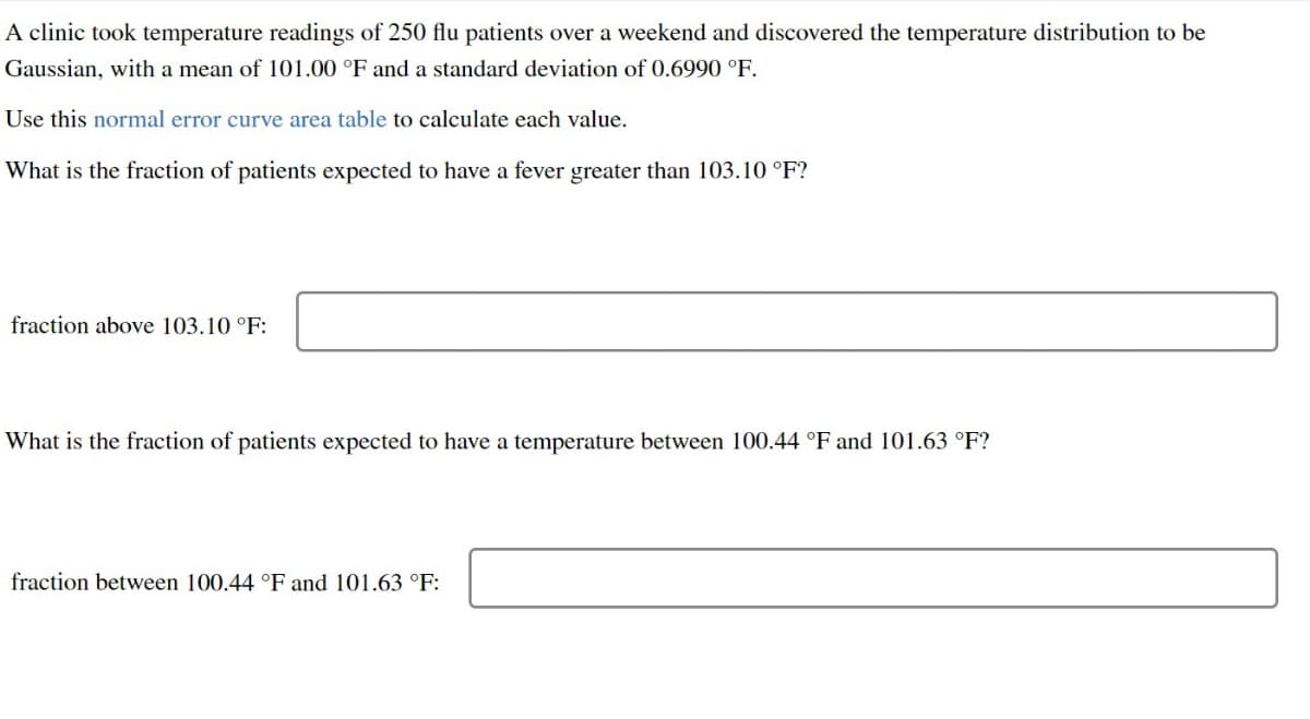 A clinic took temperature readings of 250 flu patients over a weekend and discovered the temperature distribution to be
Gaussian, with a mean of 101.00 °F and a standard deviation of 0.6990 °F.
Use this normal error curve area table to calculate each value.
What is the fraction of patients expected to have a fever greater than 103.10 °F?
fraction above 103.10 °F:
What is the fraction of patients expected to have a temperature between 100.44 °F and 101.63 °F?
fraction between 100.44 °F and 101.63 °F: