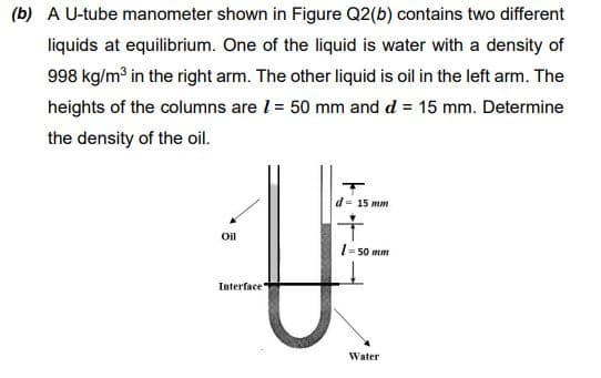 (b) A U-tube manometer shown in Figure Q2(b) contains two different
liquids at equilibrium. One of the liquid is water with a density of
998 kg/m3 in the right arm. The other liquid is oil in the left arm. The
heights of the columns are 1 = 50 mm and d = 15 mm. Determine
the density of the oil.
d= 15 ma
Oil
= 50 m
Interface
Water
