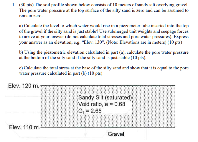 1. (30 pts) The soil profile shown below consists of 10 meters of sandy silt overlying gravel.
The pore water pressure at the top surface of the silty sand is zero and can be assumed to
remain zero.
a) Calculate the level to which water would rise in a piezometer tube inserted into the top
of the gravel if the silty sand is just stable? Use submerged unit weights and seepage forces
to arrive at your answer (do not calculate total stresses and pore water pressures). Express
your answer as an elevation, e.g. "Elev. 130". (Note: Elevations are in meters) (10 pts)
b) Using the piezometric elevation calculated in part (a), calculate the pore water pressure
at the bottom of the silty sand if the silty sand is just stable (10 pts).
c) Calculate the total stress at the base of the silty sand and show that it is equal to the pore
water pressure calculated in part (b) (10 pts)
Elev. 120 m.
Elev. 110 m.
Sandy Silt (saturated)
Void ratio, e = 0.68
G = 2.65
Gravel