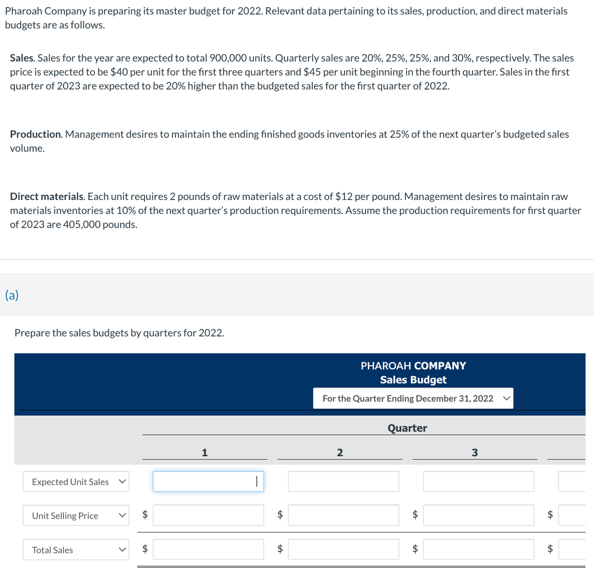 Pharoah Company is preparing its master budget for 2022. Relevant data pertaining to its sales, production, and direct materials
budgets are as follows.
Sales. Sales for the year are expected to total 900,000 units. Quarterly sales are 20%, 25%, 25%, and 30%, respectively. The sales
price is expected to be $40 per unit for the first three quarters and $45 per unit beginning in the fourth quarter. Sales in the first
quarter of 2023 are expected to be 20% higher than the budgeted sales for the first quarter of 2022.
Production. Management desires to maintain the ending finished goods inventories at 25% of the next quarter's budgeted sales
volume.
Direct materials. Each unit requires 2 pounds of raw materials at a cost of $12 per pound. Management desires to maintain raw
materials inventories at 10% of the next quarter's production requirements. Assume the production requirements for first quarter
of 2023 are 405,000 pounds.
(a)
Prepare the sales budgets by quarters for 2022.
Expected Unit Sales
Unit Selling Price
Total Sales
LA
1
tA
PHAROAH COMPANY
Sales Budget
For the Quarter Ending December 31, 2022
2
Quarter
tA
$
$
LA
3
+A
tA
$