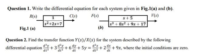 Question 1. Write the differential equation for each system given in Fig.1(a) and (b).
R(s)
C(s)
F(s)
s+5
V(s)
s2+2s+7
s3 + 8s2 + 9s + 17
(b)
Fig.1 (a)
Question 2. Find the transfer function Y (s)/X(s) for the system described by the following
differential equation
dt3
d3y
+3+ 6+ 5y =
+ 2 + 9x, where the initial conditions are zero.
dt2
dt
dt2
dt
