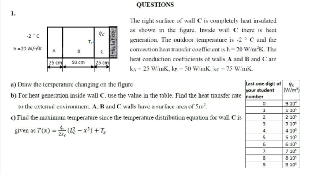 QUESTIONS
1.
The right surface of wall C is completely heat insulated
as shown in the figure. Inside wall C there is heat
-2 °C
Ts
generation. The outdoor temperature is -2 ° C and the
h = 20 W/mk
convection heat transfer coefficient is h= 20 W/m*K. The
A
B
heat conduction coefficients of walls A and B and C are
25 cm
50 cm
25 cm
kA – 25 W/mK, kR – 50 W/mK, kc – 75 W/mK.
Last one digit of
your student
a) Draw the temperature changing on the figure
(W/m)
b) For heat generation inside wall C, use the value in the table. Find the heat transfer rate number
9 10
to the external environment. A, B and C walls have a surface area of 5m2.
110
c) Find the maximum temperature since the temperature distribution equation for wall C is
2 10
3 10
4:10
2
given as T(x) =
2kc
E(L2 – x²) + T,
4
5
5:10
6105
7 10
8 10
9 10
6
nsulation
