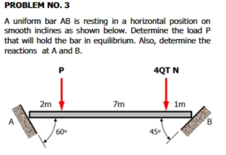 PROBLEM NO. 3
A uniform bar AB is resting in a horizontal position on
smooth inclines as shown below. Determine the load P
that will hold the bar in equilibrium. Also, determine the
reactions at A and B.
P
4QT N
2m
7m
1m
A
B.
60°
450
