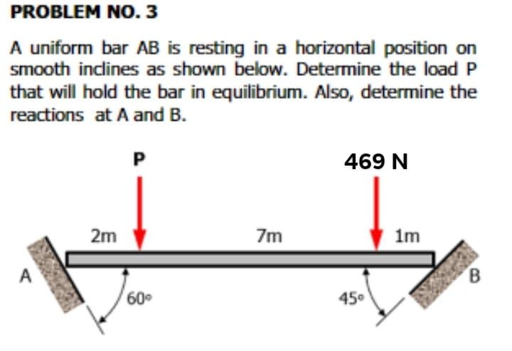 PROBLEM NO. 3
A uniform bar AB is resting in a horizontal position on
smooth inclines as shown below. Determine the load P
that will hold the bar in equilibrium. Also, determine the
reactions at A and B.
P
469 N
2m
7m
1m
A
B.
60°
450
