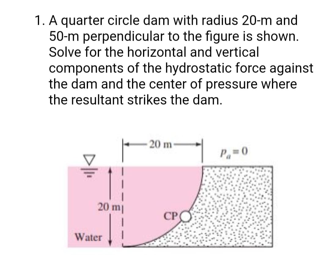 1. A quarter circle dam with radius 20-m and
50-m perpendicular to the figure is shown.
Solve for the horizontal and vertical
components of the hydrostatic force against
the dam and the center of pressure where
the resultant strikes the dam.
- 20 m
P, 0
20 m|
СРО
Water
