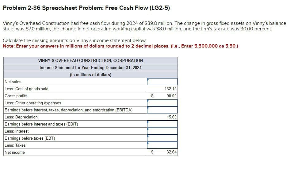 Problem 2-36 Spreadsheet Problem: Free Cash Flow (LG2-5)
Vinny's Overhead Construction had free cash flow during 2024 of $39.8 million. The change in gross fixed assets on Vinny's balance
sheet was $7.0 million, the change in net operating working capital was $8.0 million, and the firm's tax rate was 30.00 percent.
Calculate the missing amounts on Vinny's income statement below.
Note: Enter your answers in millions of dollars rounded to 2 decimal places. (i.e., Enter 5,500,000 as 5.50.)
VINNY'S OVERHEAD CONSTRUCTION, CORPORATION
Income Statement for Year Ending December 31, 2024
Net sales
Less: Cost of goods sold
Gross profits
(in millions of dollars)
Less: Other operating expenses
Earnings before interest, taxes, depreciation, and amortization (EBITDA)
Less: Depreciation
Earnings before interest and taxes (EBIT)
Less: Interest
Earnings before taxes (EBT)
Less: Taxes
Net income
132.10
$
90.00
15.60
$
32.64