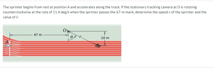 The sprinter begins from rest at position A and accelerates along the track. If the stationary tracking camera at O is rotating
at the rate of 11.4 deg/s when the sprinter passes the 67-m mark, determine the speed v of the sprinter and the
counterclockwise
value of r.
47 m
10 m