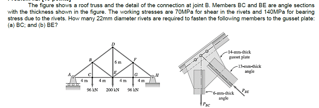 The figure shows a roof truss and the detail of the connection at joint B. Members BC and BE are angle sections
with the thickness shown in the figure. The working stresses are 70MPa for shear in the rivets and 140MPa for bearing
stress due to the rivets. How many 22mm diameter rivets are required to fasten the following members to the gusset plate:
(a) BC; and (b) BE?
000
4 m
B
с
96 kN
D
6 m
E
200 KN
4 m
F
G
4 m
96 kN
H
to-
PBC
-
-14-mm-thick
gusset plate
-13-mm-thick
angle
6-mm-thick
angle
PBE