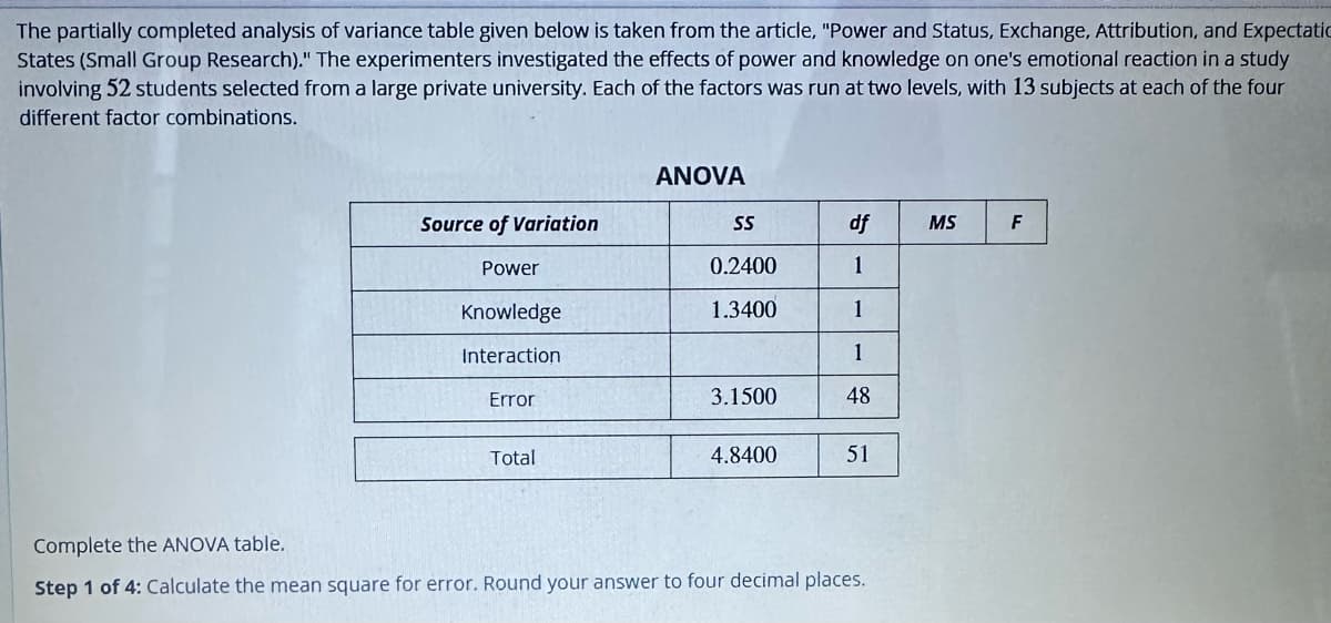 The partially completed analysis of variance table given below is taken from the article, "Power and Status, Exchange, Attribution, and Expectatio
States (Small Group Research)." The experimenters investigated the effects of power and knowledge on one's emotional reaction in a study
involving 52 students selected from a large private university. Each of the factors was run at two levels, with 13 subjects at each of the four
different factor combinations.
Source of Variation
Power
Knowledge
Interaction.
Error
Total
ANOVA
SS
0.2400
1.3400
3.1500
4.8400
df
1
1
1
48
51
Complete the ANOVA table.
Step 1 of 4: Calculate the mean square for error. Round your answer to four decimal places.
MS
F