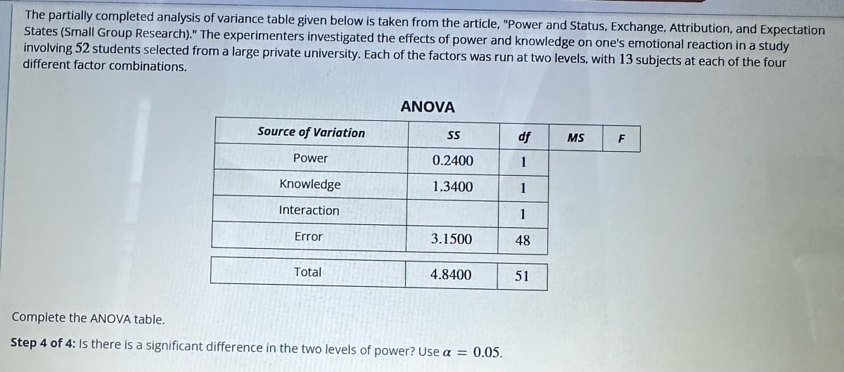 The partially completed analysis of variance table given below is taken from the article, "Power and Status, Exchange, Attribution, and Expectation
States (Small Group Research)." The experimenters investigated the effects of power and knowledge on one's emotional reaction in a study
involving 52 students selected from a large private university. Each of the factors was run at two levels, with 13 subjects at each of the four
different factor combinations.
Source of Variation
Power
Knowledge
Interaction
Error
Total
ANOVA
SS
0.2400
1.3400
3.1500
4.8400
Complete the ANOVA table.
Step 4 of 4: Is there is a significant difference in the two levels of power? Use a = 0.05.
df
1
1
1
48
51
MS
F