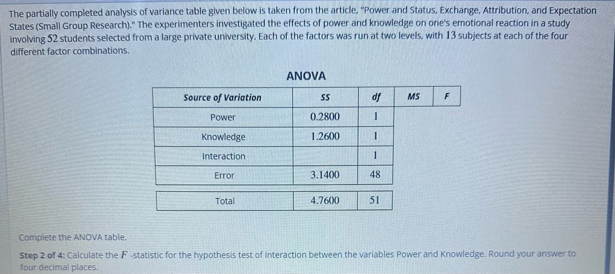 The partially completed analysis of variance table given below is taken from the article, "Power and Status, Exchange, Attribution, and Expectation
States (Small Group Research)." The experimenters investigated the effects of power and knowledge on one's emotional reaction in a study
involving 52 students selected from a large private university. Each of the factors was run at two levels, with 13 subjects at each of the four
different factor combinations.
Source of Variation
Power
Knowledge
Interaction
Error
Total
ANOVA
SS
0.2800
1.2600
3.1400
4.7600
df
1
1
1
48
51
MS
F
Complete the ANOVA table.
Step 2 of 4: Calculate the F-statistic for the hypothesis test of interaction between the variables Power and Knowledge. Round your answer to
four decimal places.
