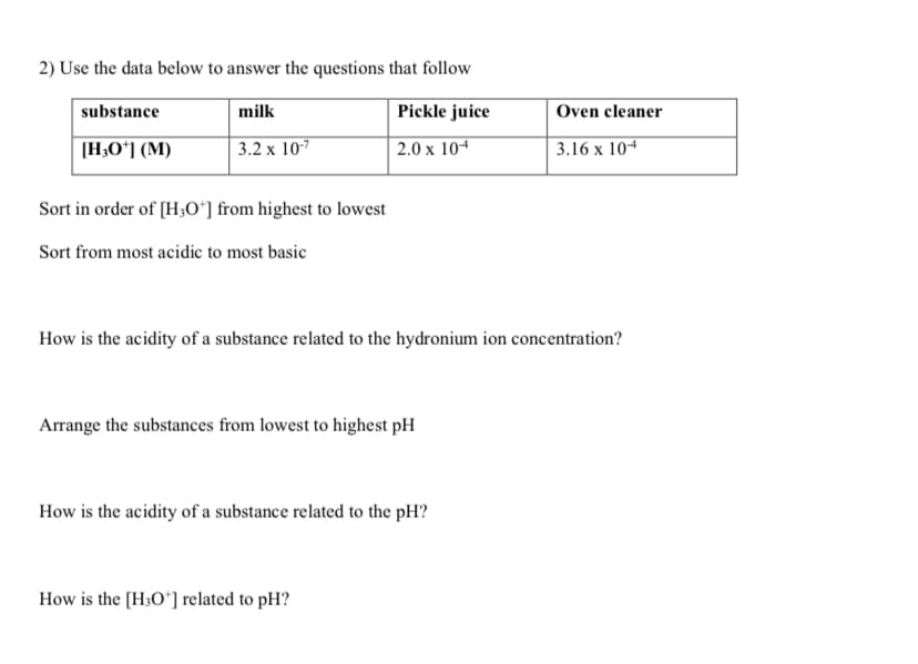 2) Use the data below to answer the questions that follow
substance
milk
Pickle juice
Oven cleaner
[H;O*] (M)
3.2 x 107
| 2.0 x 10+
3.16 x 104
Sort in order of [H;0ʻ] from highest to lowest
Sort from most acidic to most basic
How is the acidity of a substance related to the hydronium ion concentration?
Arrange the substances from lowest to highest pH
How is the acidity of a substance related to the pH?
How is the [H3O*] related to pH?
