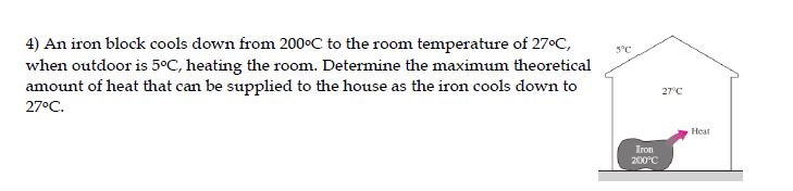 4) An iron block cools down from 200°C to the room temperature of 27°C,
when outdoor is 5°C, heating the room. Determine the maximum theoretical
amount of heat that can be supplied to the house as the iron cools down to
27°C.
5°C
27°C
Heat
Iron
200°C
