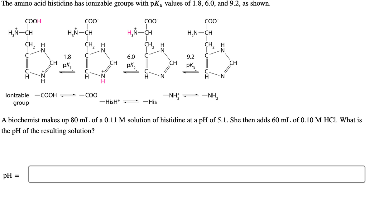 The amino acid histidine has ionizable groups with pKą values of 1.8, 6.0, and 9.2, as shown.
H₂N-CH
T
COOH
pH
CH₂ H
lonizable -COOH
group
=
CH
COO-
H₂N-CH
1.8
pk₁
CH2
-COO-
H
-N
CH
-HisH+
COO-
+
H₂N-CH
6.0
pk₂
CH2
-His
CH
-NH
COO-
H₂N-CH
9.2
pk3
CH2
-N
-NH₂
A biochemist makes up 80 mL of a 0.11 M solution of histidine at a pH of 5.1. She then adds 60 mL of 0.10 M HCl. What is
the pH of the resulting solution?
CH