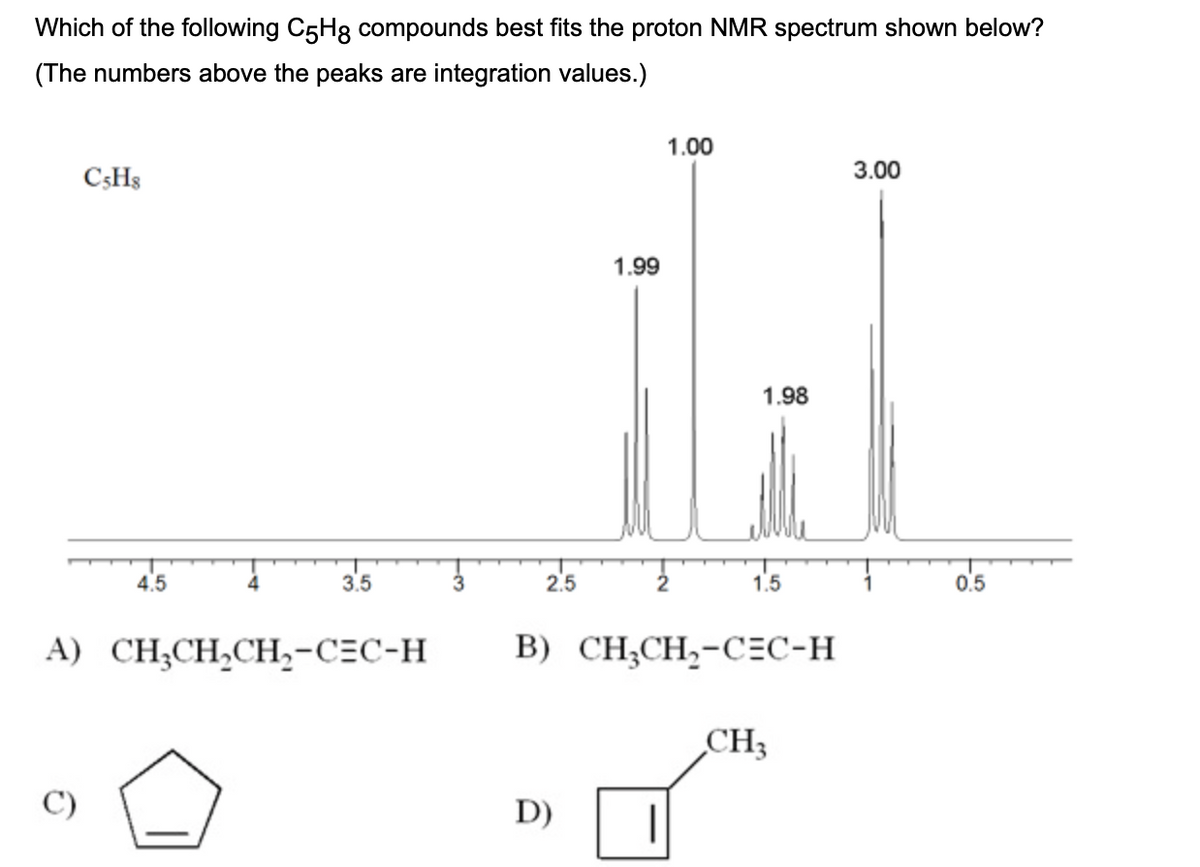 Which of the following C5Hg compounds best fits the proton NMR spectrum shown below?
(The numbers above the peaks are integration values.)
C5H8
C)
4.5
4
3.5
A) CH₂CH₂CH₂-C=C-H
2.5
1.99
D)
1.00
2
1.98
1.5
B) CH₂CH₂-C=C-H
CH₂
3.00
0.5