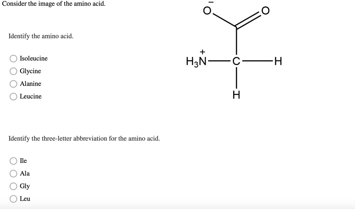 Consider the image of the amino acid.
Identify the amino acid.
Isoleucine
O Glycine
Alanine
Leucine
Identify the three-letter abbreviation for the amino acid.
Ile
Ala
Gly
Leu
¹0
+
H3N-
C
-H
Н
I
-H