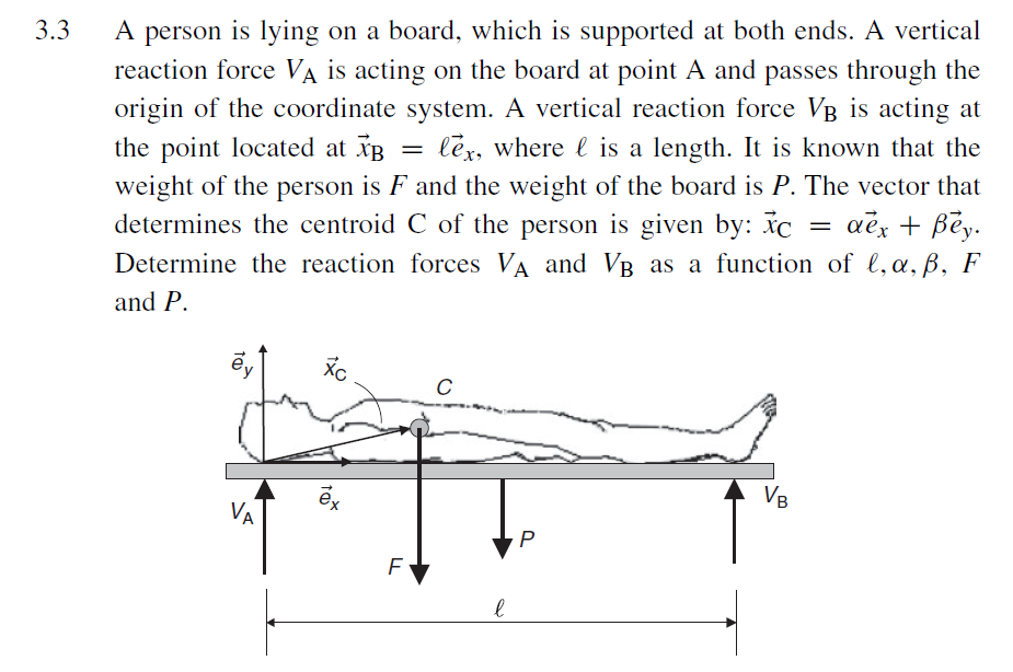 A person is lying on a board, which is supported at both ends. A vertical
reaction force VA is acting on the board at point A and passes through the
origin of the coordinate system. A vertical reaction force VB is acting at
the point located at īB
weight of the person is F and the weight of the board is P. The vector that
determines the centroid C of the person is given by: xC
3.3
lex, where l is a length. It is known that the
- aëx + Bēy.
Determine the reaction forces VA and VB as a function of l, a, B, F
and P.
ex
VB
VA
P
ta
